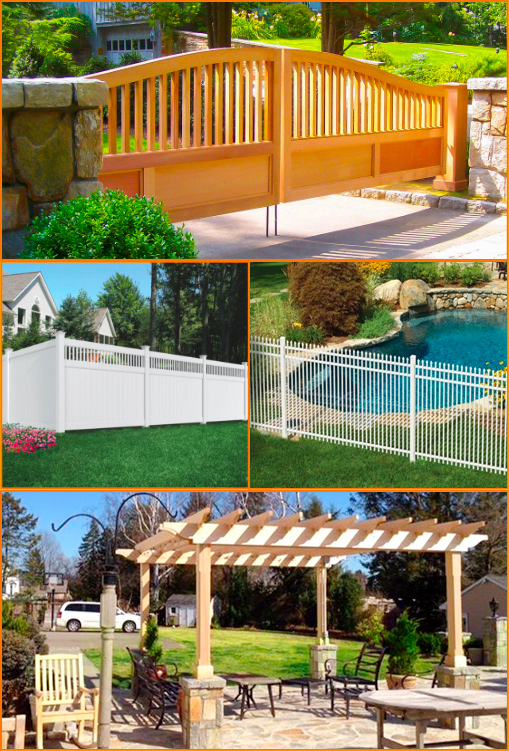 wood fence, white vinyl fence, white aluminum fence, and pergola examples