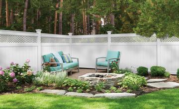 large white vinyl fence around backyard patio